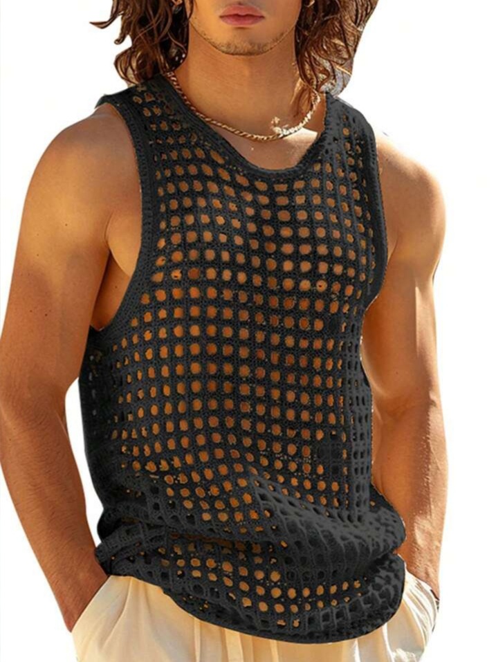 Men's O-Neck Sleeveless Pointelle Hollow Out Tank Tops Casual T-Shirt